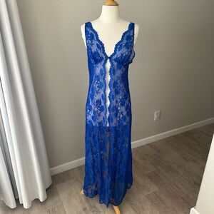 Vintage Shirley of Hollywood Blue Lace Nylon Lingerie Nightgown